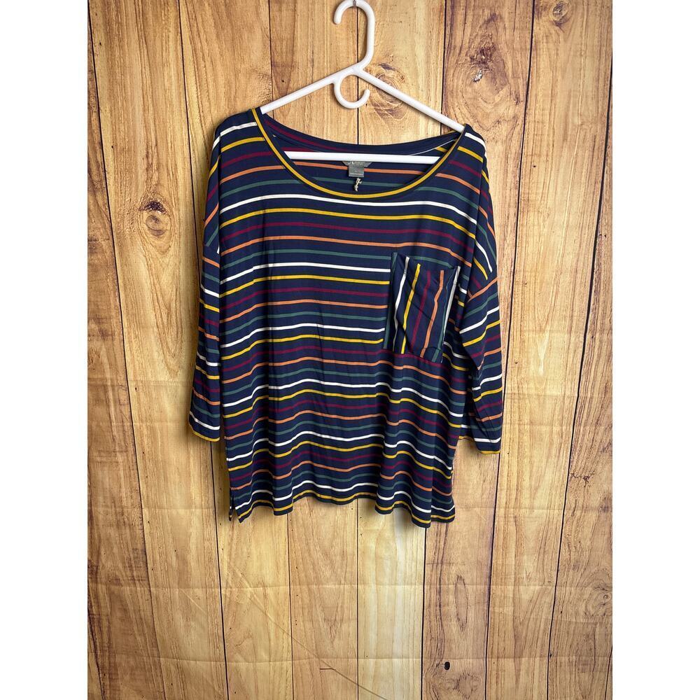 Natural Reflections Navy Striped Pocket Blouse with Yellow and Red Accents
